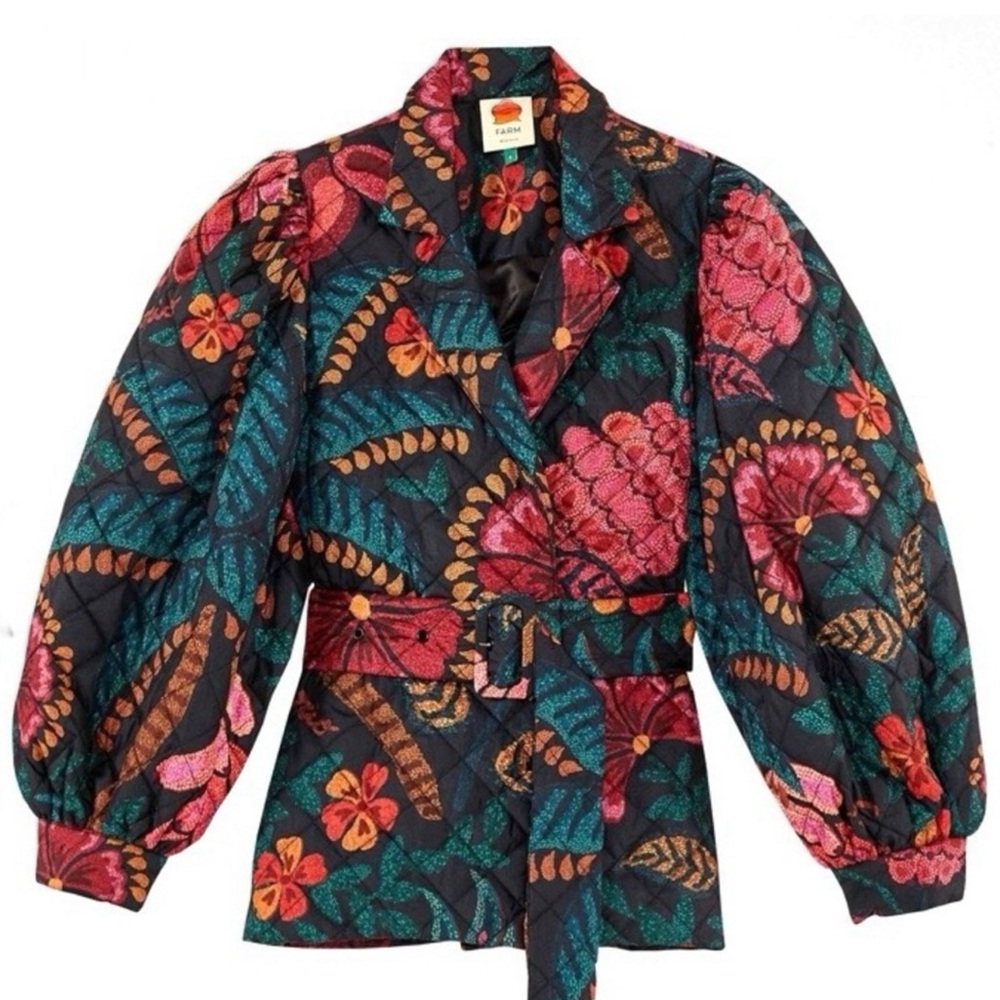 NWOT FARM Rio Black Flowerdoscopic Belted Puffer Jacket In Large - Picture 1 of 8